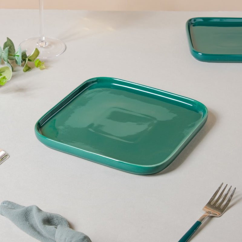 Verdant Square Ceramic Snack Plate Green 7.5 Inch - Serving plate, snack plate, dessert plate | Plates for dining & home decor