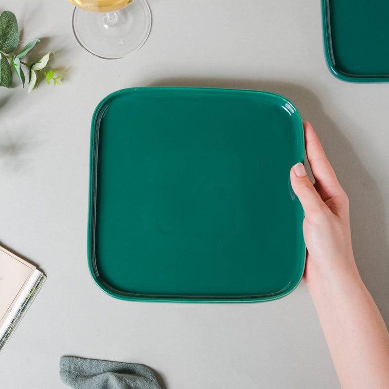 Verdant Square Ceramic Snack Plate Green 7.5 Inch - Serving plate, snack plate, dessert plate | Plates for dining & home decor