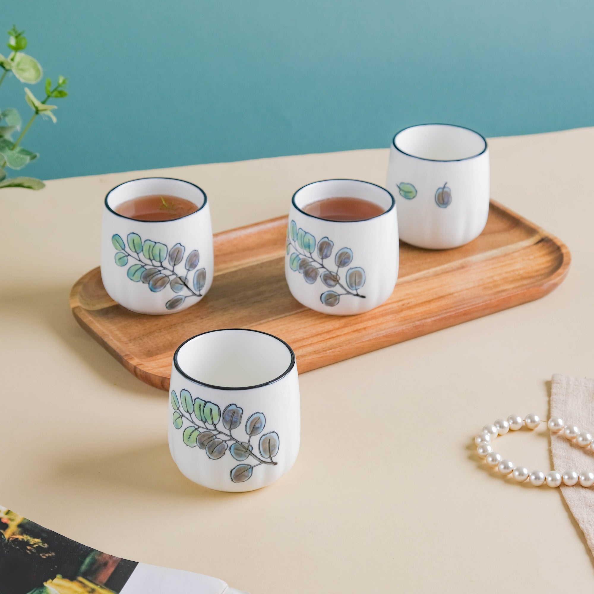 Aspen Leaves Tea Set With Wooden Tray Online - Premium Tea Set | Nestasia