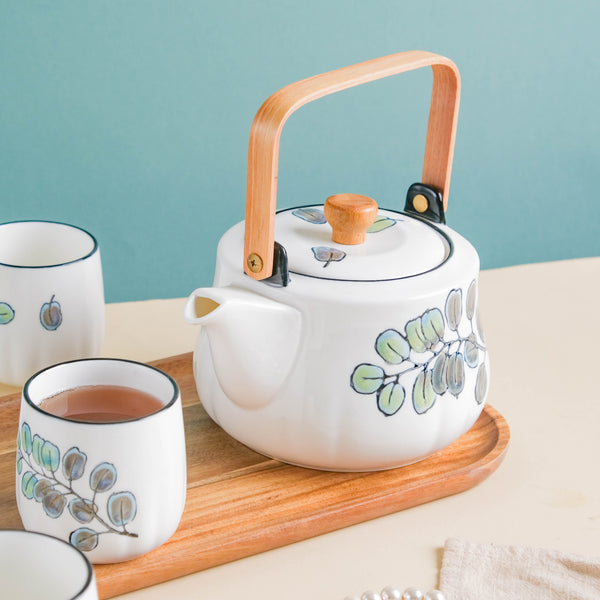 Aspen Leaves Tea Set With Wooden Tray