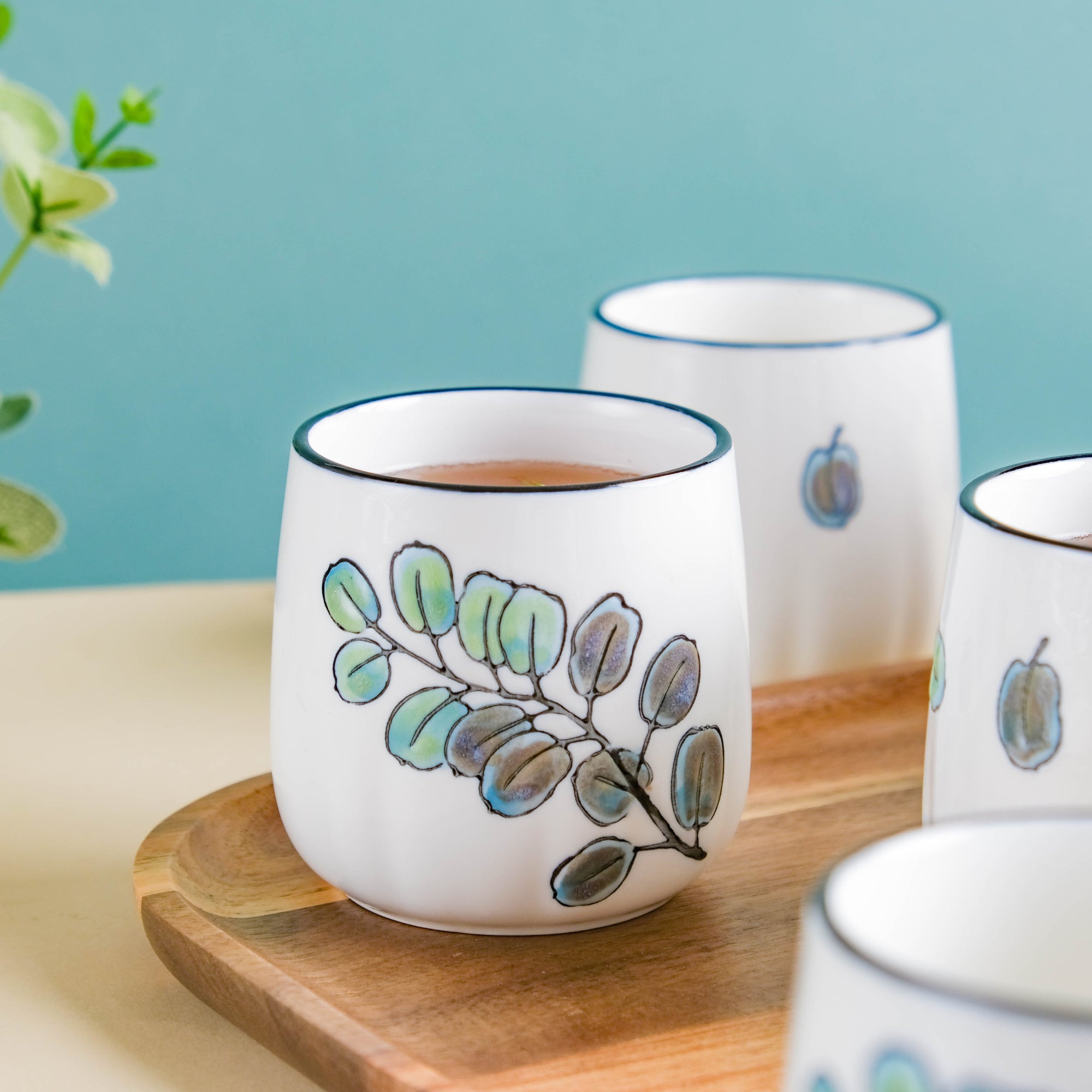 Aspen Leaves Tea Set With Wooden Tray Online - Premium Tea Set | Nestasia
