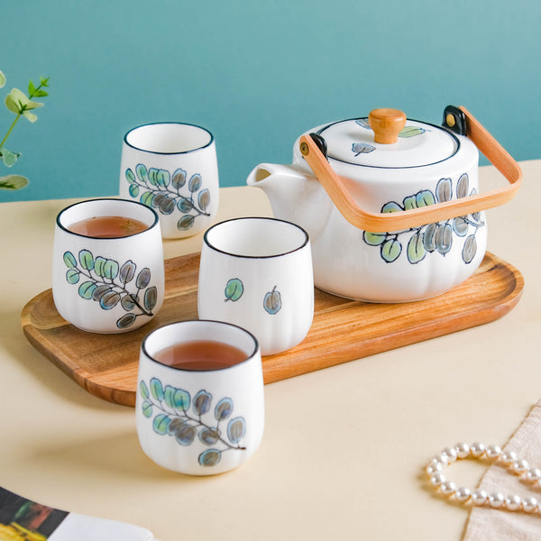 Aspen Leaves Tea Set With Wooden Tray