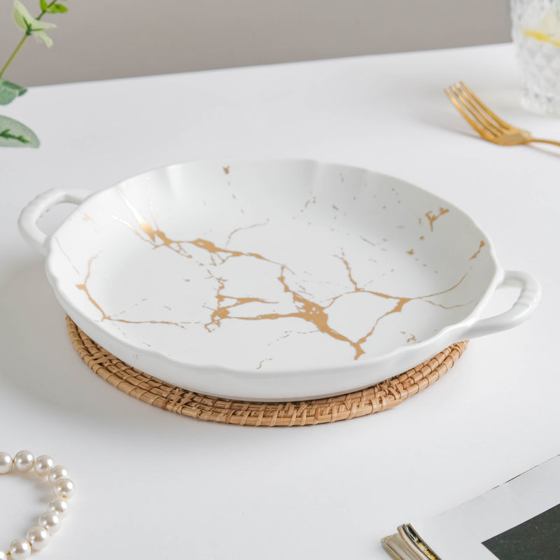 Marble Plate With Handles 8.5 Inch - Ceramic platter, serving platter, fruit platter | Plates for dining table & home decor
