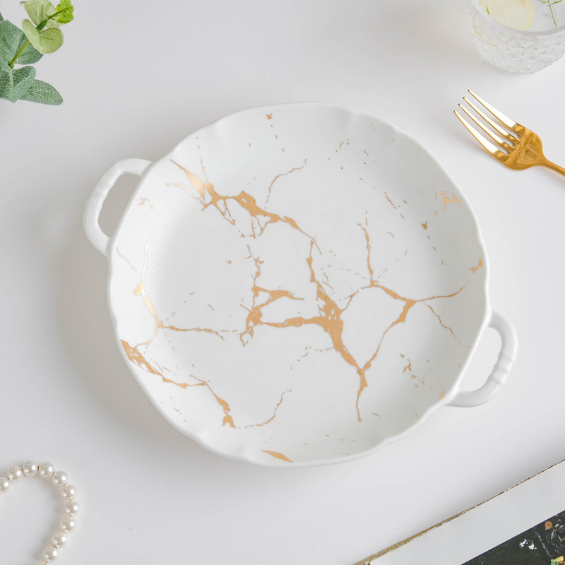Marble Plate With Handles 8.5 Inch - Ceramic platter, serving platter, fruit platter | Plates for dining table & home decor