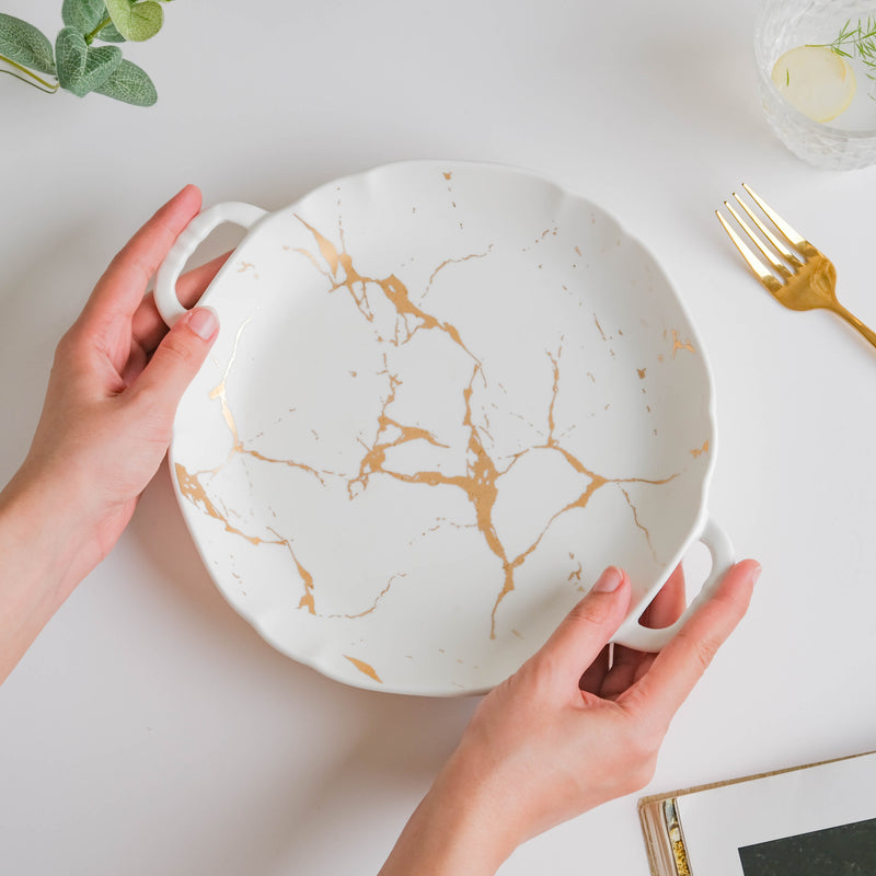 Marble Plate With Handles 8.5 Inch - Ceramic platter, serving platter, fruit platter | Plates for dining table & home decor