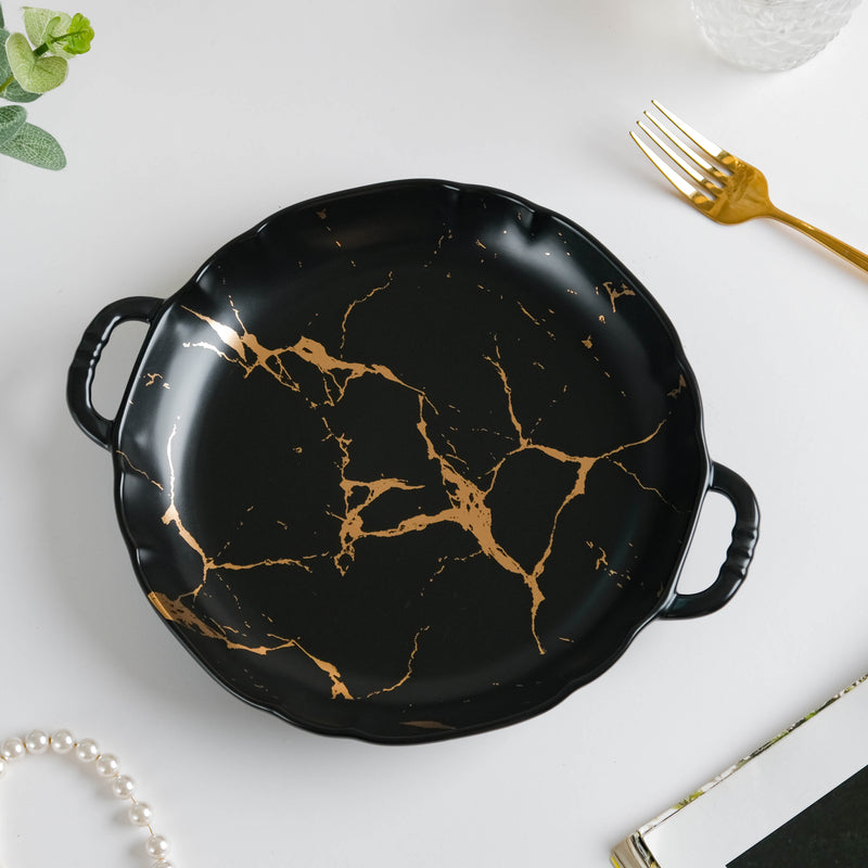 Marble Plate With Handles 8.5 Inch Black - Ceramic platter, serving platter, fruit platter | Plates for dining table & home decor