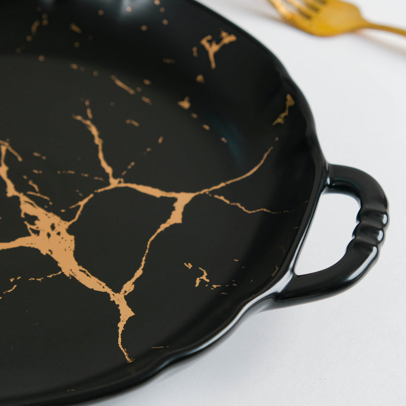 Marble Plate With Handles 8.5 Inch Black - Ceramic platter, serving platter, fruit platter | Plates for dining table & home decor