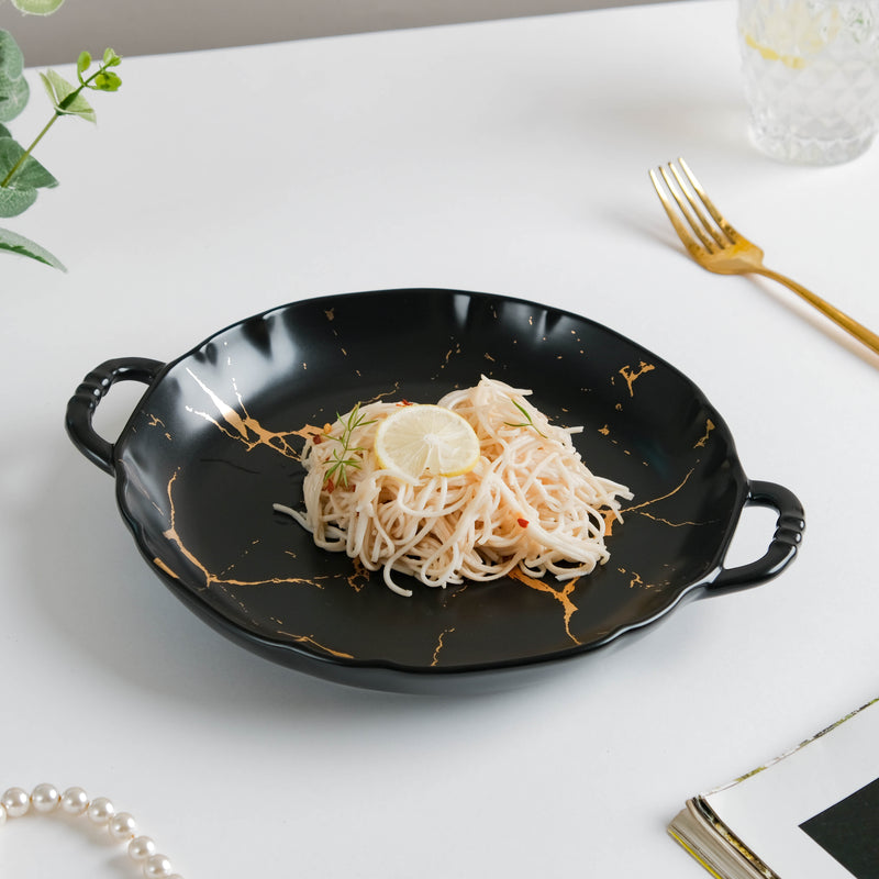 Marble Plate With Handles 8.5 Inch Black - Ceramic platter, serving platter, fruit platter | Plates for dining table & home decor