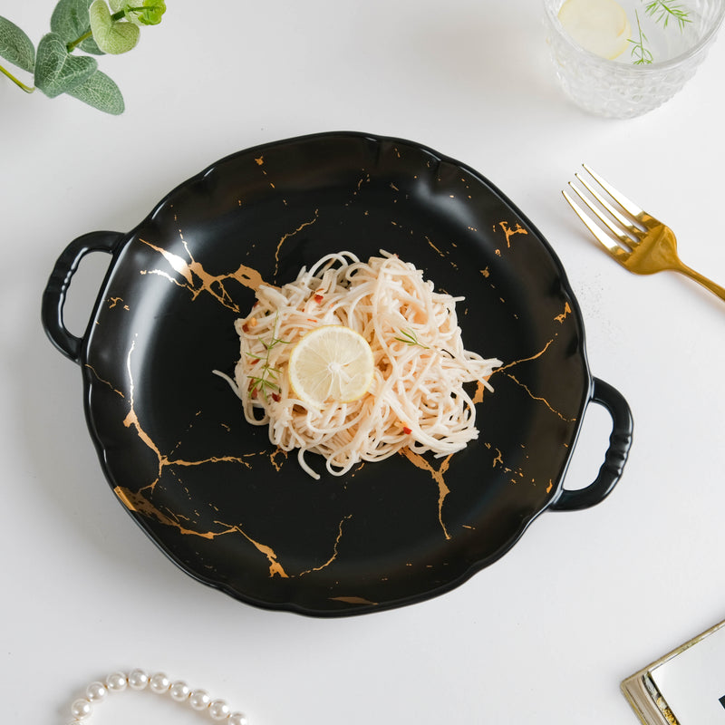 Marble Plate With Handles 8.5 Inch Black - Ceramic platter, serving platter, fruit platter | Plates for dining table & home decor