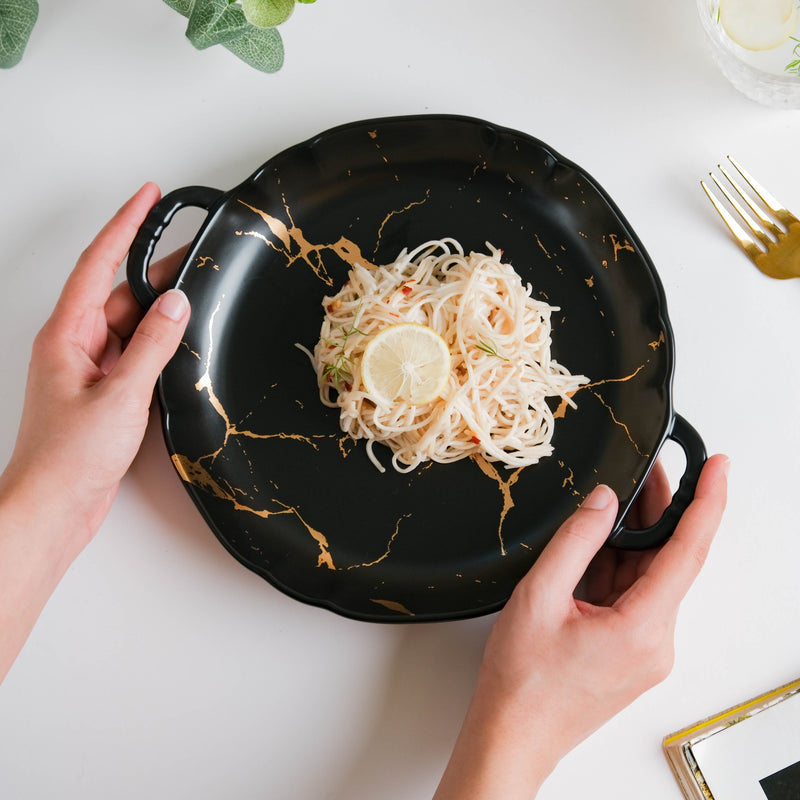 Marble Plate With Handles 8.5 Inch Black - Ceramic platter, serving platter, fruit platter | Plates for dining table & home decor