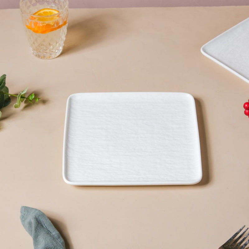 Frore Textured Square Ceramic Snack Plate White 8 Inch - Serving plate, snack plate, dessert plate | Plates for dining & home decor