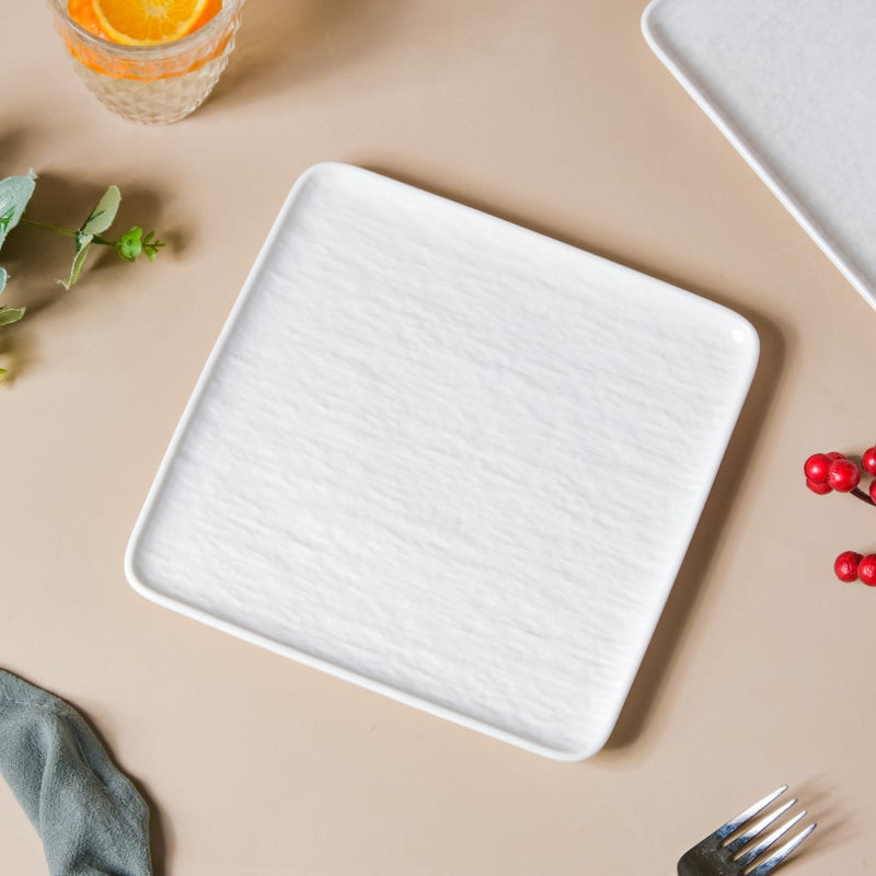 Frore Textured Square Ceramic Snack Plate White 8 Inch - Serving plate, snack plate, dessert plate | Plates for dining & home decor