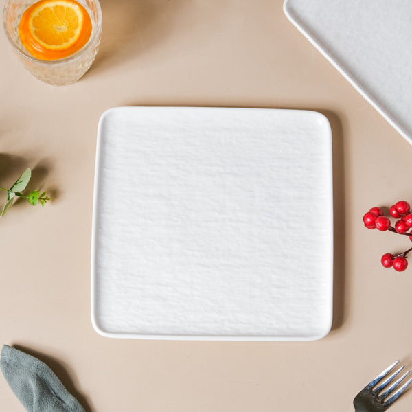 Frore Textured Square Ceramic Snack Plate White 8 Inch - Serving plate, snack plate, dessert plate | Plates for dining & home decor