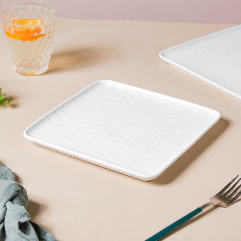 Frore Textured Square Ceramic Snack Plate White 8 Inch - Serving plate, snack plate, dessert plate | Plates for dining & home decor