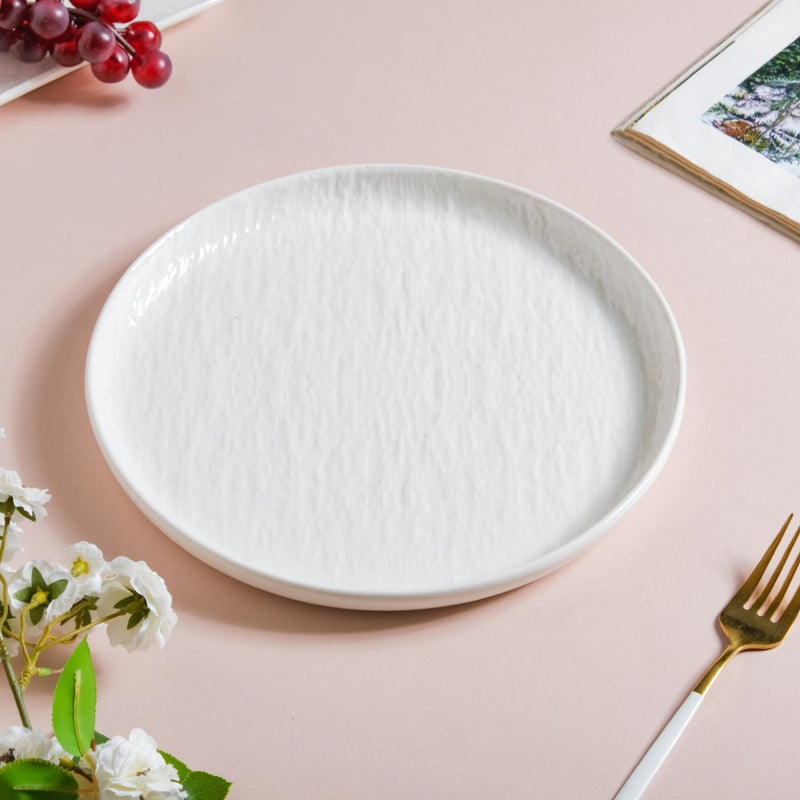 Frore Round Textured Dinner Plate White 9.5 Inch - Serving plate, lunch plate, ceramic dinner plates| Plates for dining table & home decor