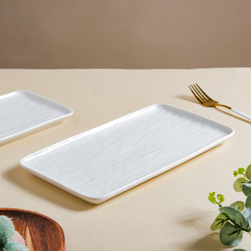 Frore Textured Rectangle Long Platter White Large 11.5 Inch - Ceramic platter, serving platter, fruit platter | Plates for dining table & home decor