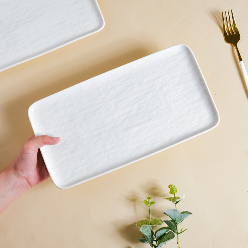 Frore Textured Rectangle Long Platter White Large 11.5 Inch - Ceramic platter, serving platter, fruit platter | Plates for dining table & home decor