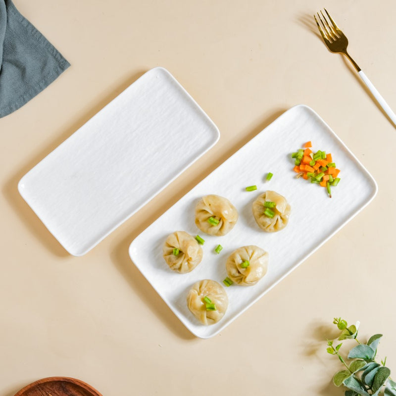 Frore Textured Rectangle Long Platter White Large 11.5 Inch - Ceramic platter, serving platter, fruit platter | Plates for dining table & home decor