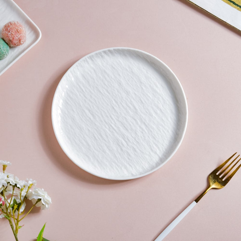Frore Textured Round Ceramic Snack Plate White 8 Inch - Serving plate, snack plate, dessert plate | Plates for dining & home decor