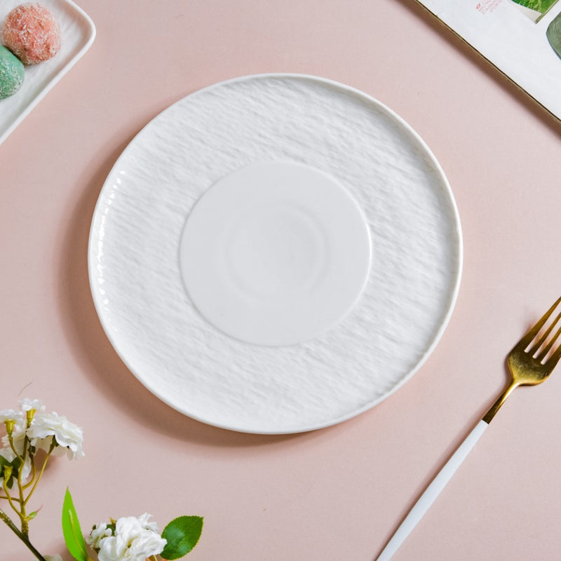 Frore Textured Round Ceramic Appetiser Plate White Large 8.5 Inch - Serving plate, snack plate, dessert plate | Plates for dining & home decor