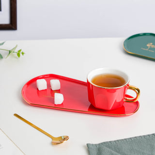 Brewtiful Glazed Ceramic Cup and Tray Set Red 150 ml