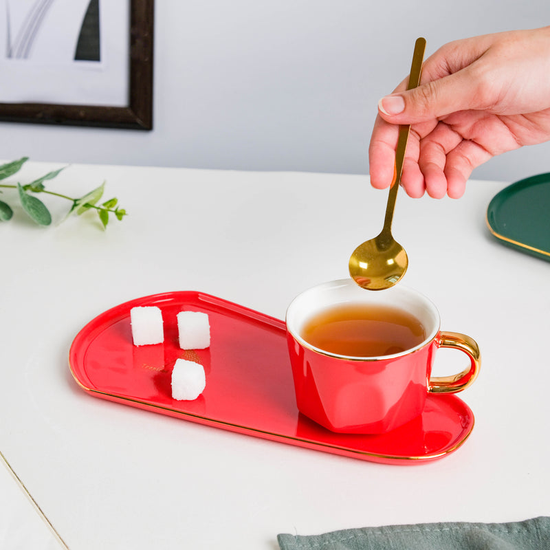 Brewtiful Glazed Ceramic Cup and Tray Set Red 150 ml- Tea cup, coffee cup, cup for tea | Cups and Mugs for Office Table & Home Decoration