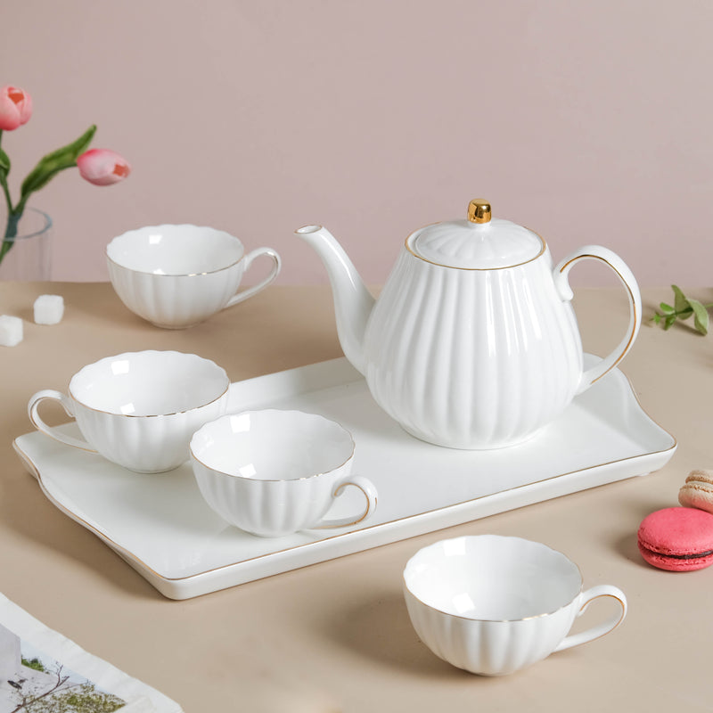 White Truffle Ribbed 1 Litre Teapot With Set of 4 Cups 150 ml - Tea set, teacup set, cup set with kettle | Tea set for Dining table & Home decor