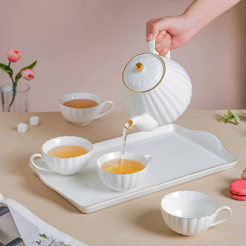 White Truffle Ribbed 1 Litre Teapot With Set of 4 Cups 150 ml - Tea set, teacup set, cup set with kettle | Tea set for Dining table & Home decor