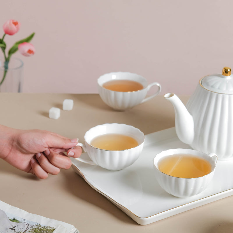 White Truffle Ribbed 1 Litre Teapot With Set of 4 Cups 150 ml - Tea set, teacup set, cup set with kettle | Tea set for Dining table & Home decor