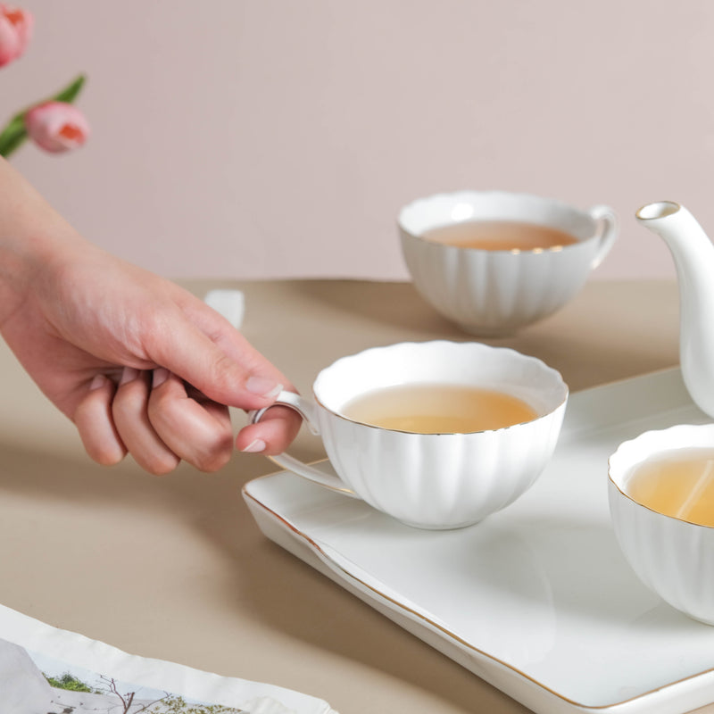 White Truffle Ribbed 1 Litre Teapot With Set of 4 Cups 150 ml - Tea set, teacup set, cup set with kettle | Tea set for Dining table & Home decor