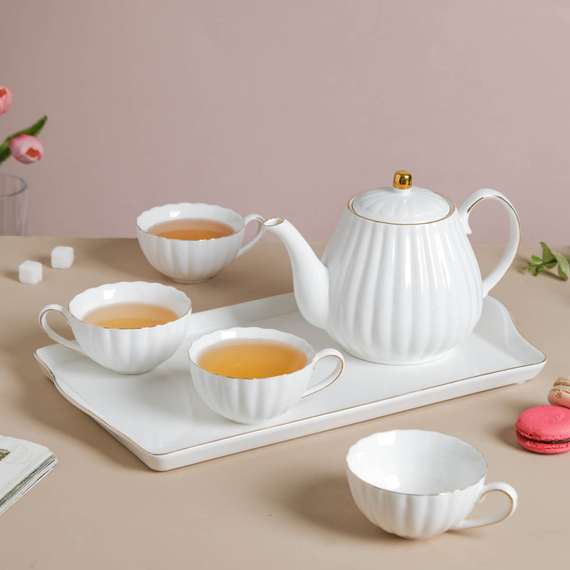 White Truffle Ribbed 1 Litre Teapot With Set of 4 Cups 150 ml - Tea set, teacup set, cup set with kettle | Tea set for Dining table & Home decor
