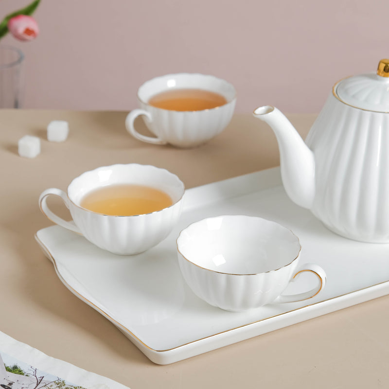 White Truffle Ribbed 1 Litre Teapot With Set of 4 Cups 150 ml - Tea set, teacup set, cup set with kettle | Tea set for Dining table & Home decor