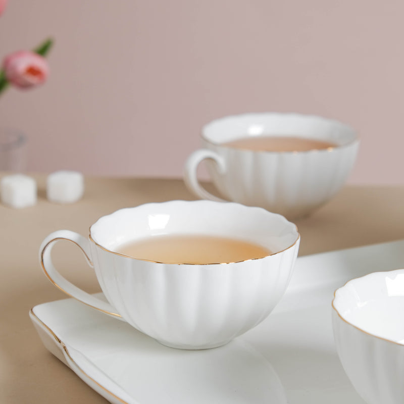 White Truffle Ribbed 1 Litre Teapot With Set of 4 Cups 150 ml - Tea set, teacup set, cup set with kettle | Tea set for Dining table & Home decor