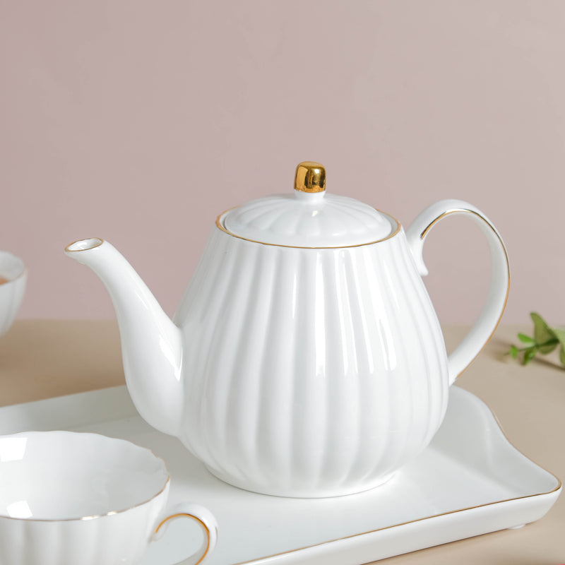 White Truffle Ribbed 1 Litre Teapot With Set of 4 Cups 150 ml - Tea set, teacup set, cup set with kettle | Tea set for Dining table & Home decor