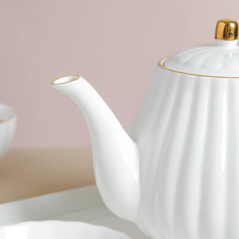 White Truffle Ribbed 1 Litre Teapot With Set of 4 Cups 150 ml - Tea set, teacup set, cup set with kettle | Tea set for Dining table & Home decor