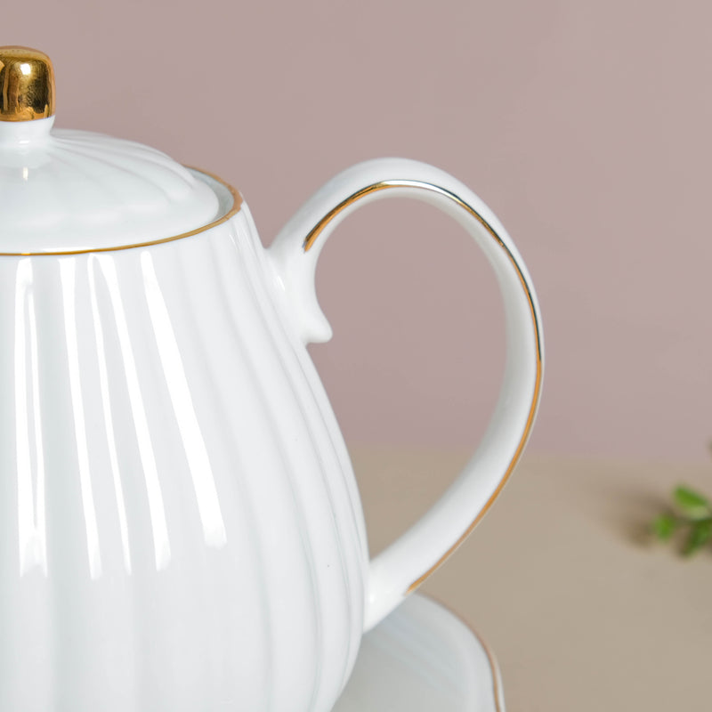 White Truffle Ribbed 1 Litre Teapot With Set of 4 Cups 150 ml - Tea set, teacup set, cup set with kettle | Tea set for Dining table & Home decor