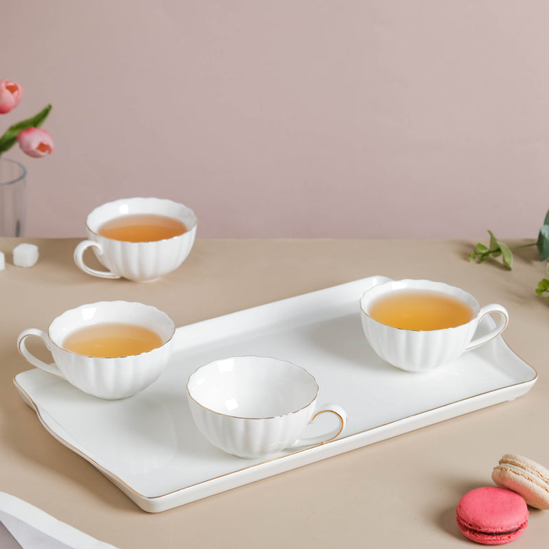 White Truffle Ribbed 1 Litre Teapot With Set of 4 Cups 150 ml - Tea set, teacup set, cup set with kettle | Tea set for Dining table & Home decor