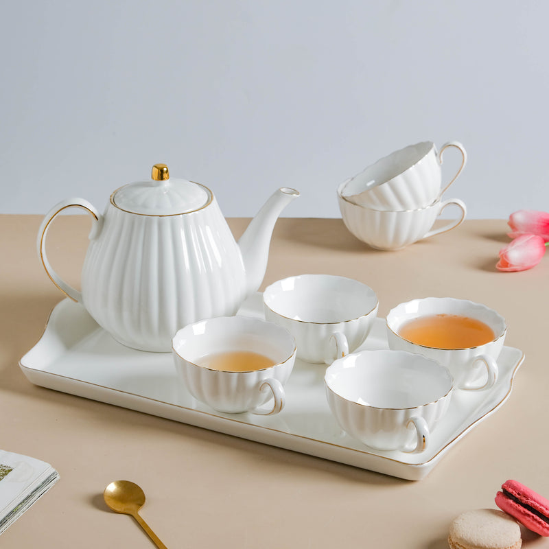 White Truffle Ribbed 1 Litre Teapot With Set Of 6 Cups 150 ml - Tea set, teacup set, cup set with kettle | Tea set for Dining table & Home decor