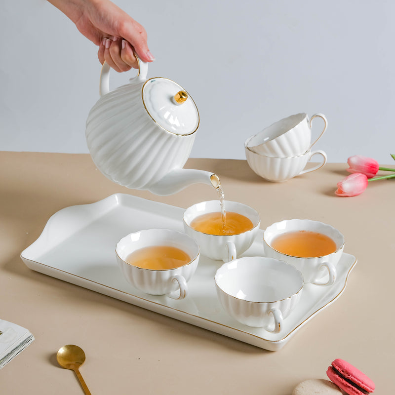 White Truffle Ribbed 1 Litre Teapot With Set Of 6 Cups 150 ml - Tea set, teacup set, cup set with kettle | Tea set for Dining table & Home decor