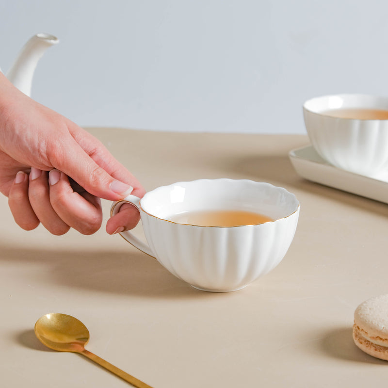 White Truffle Ribbed 1 Litre Teapot With Set Of 6 Cups 150 ml - Tea set, teacup set, cup set with kettle | Tea set for Dining table & Home decor