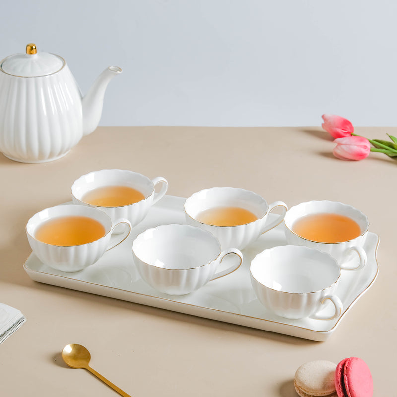 White Truffle Ribbed 1 Litre Teapot With Set Of 6 Cups 150 ml - Tea set, teacup set, cup set with kettle | Tea set for Dining table & Home decor