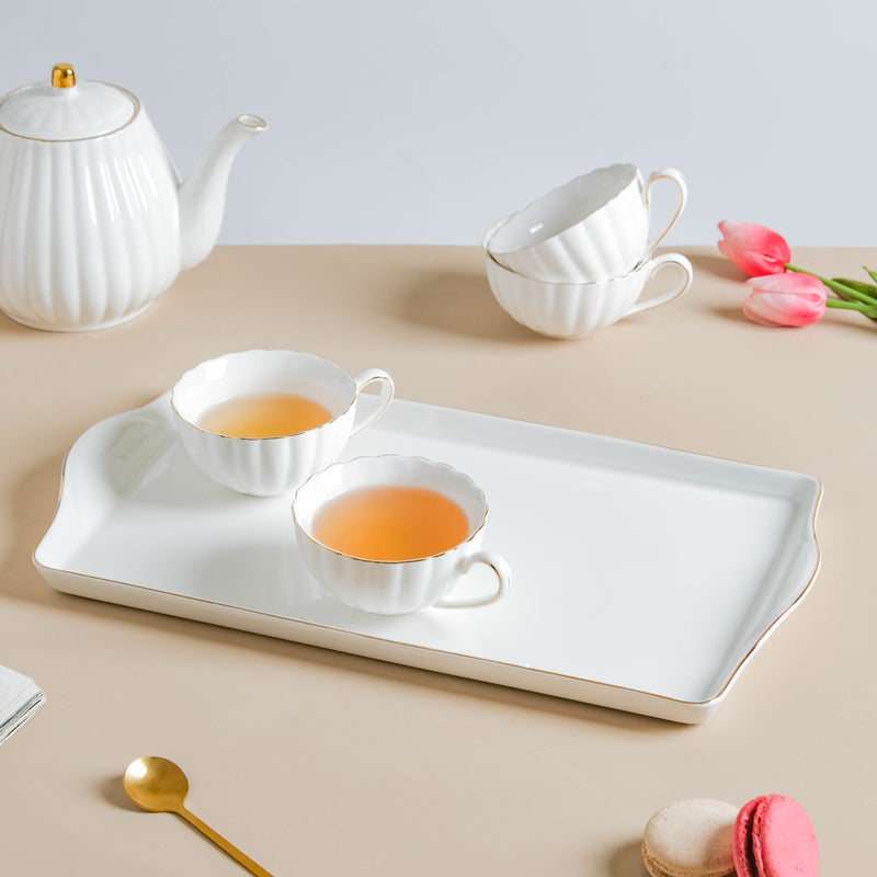 White Truffle Ribbed 1 Litre Teapot With Set Of 6 Cups 150 ml - Tea set, teacup set, cup set with kettle | Tea set for Dining table & Home decor