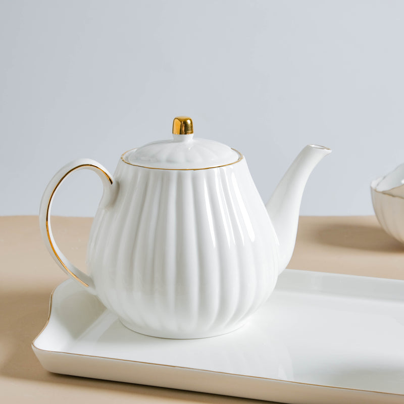 White Truffle Ribbed 1 Litre Teapot With Set Of 6 Cups 150 ml - Tea set, teacup set, cup set with kettle | Tea set for Dining table & Home decor