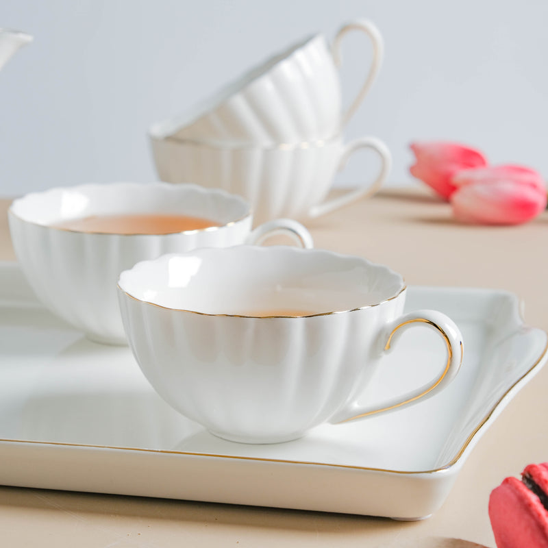 White Truffle Ribbed 1 Litre Teapot With Set Of 6 Cups 150 ml - Tea set, teacup set, cup set with kettle | Tea set for Dining table & Home decor