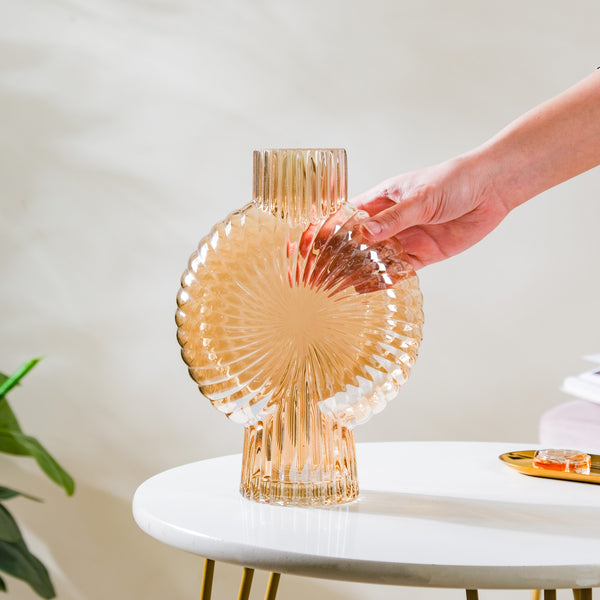 Spiral Textured Glass Vase Amber Large