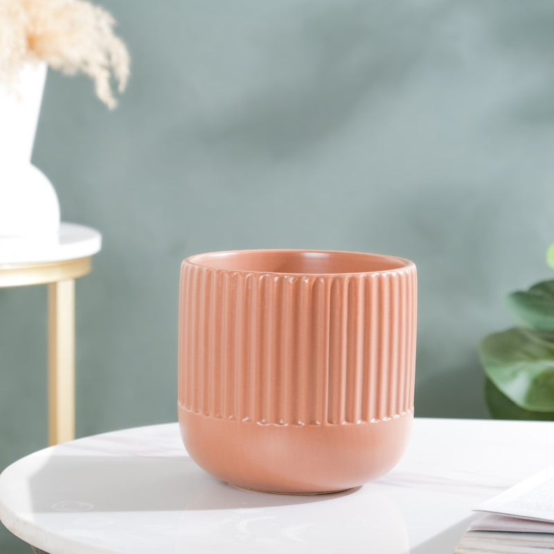 Biscuit Brown Ribbed Flower Pot Small - Flower vase for home decor, office and gifting | Home decoration items