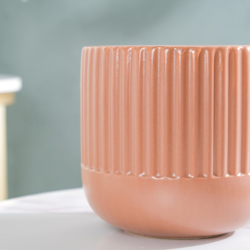 Biscuit Brown Ribbed Flower Pot Small - Flower vase for home decor, office and gifting | Home decoration items