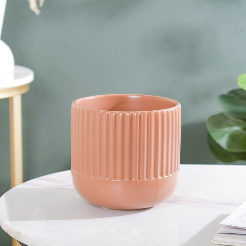 Biscuit Brown Ribbed Flower Pot Small - Flower vase for home decor, office and gifting | Home decoration items