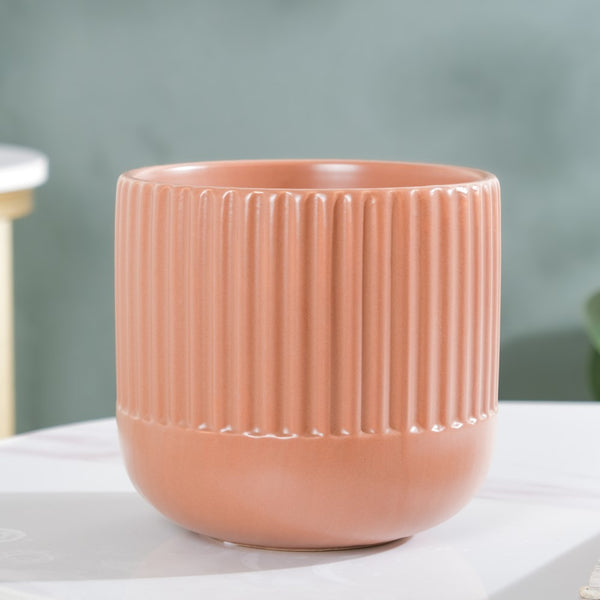 Biscuit Brown Ribbed Flower Pot Small - Flower vase for home decor, office and gifting | Home decoration items