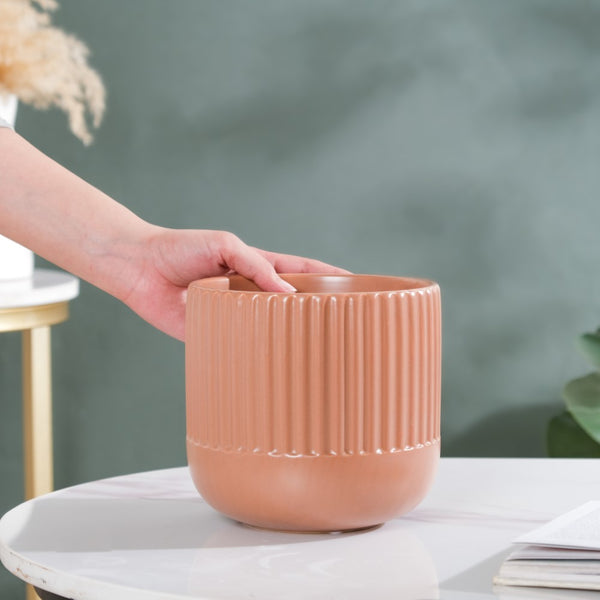 Biscuit Brown Ribbed Flower Pot Small - Flower vase for home decor, office and gifting | Home decoration items